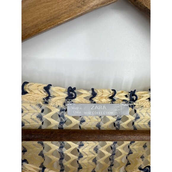 ZARA Mesh Sheer Open Knit Unlined Ruffle Short Sleeve Cream Blue Dress Size S - Picture 7 of 9